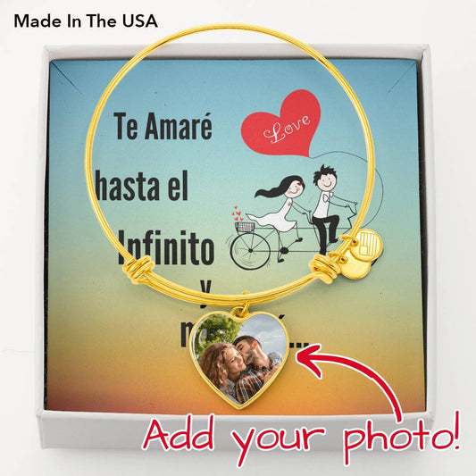 Sorprende a tu novia con este hermoso brazalete, sube la foto de los dos. El mejor regalo para San Valentín. Jewelry Brazalete de Corazón Colgante (18K Baño de Oro Dorado) No