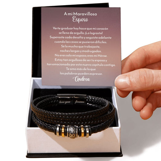 Verte graduar hoy hace que mi corazón se llene de orgullo. ¡Lo lograste!” – Pulsera de Cuero para Esposo con Tarjeta Personalizada de Graduación Jewelry/Watch Caja de Dos Tonos Incluida