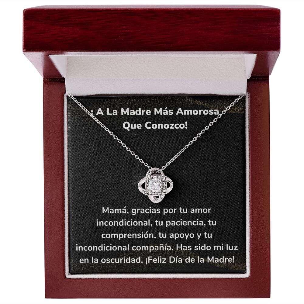 ¡ A La Madre Más Amorosa Que Conozco! Collar Para Mamá Nudo de Amor (LoveKnot) Jewelry/LoveKnot Acabado en oro blanco de 14 k Caja de Lujo Madera Con Luz led 