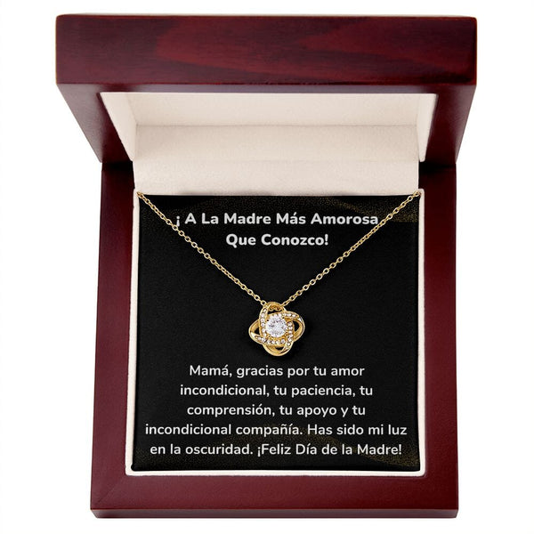 ¡ A La Madre Más Amorosa Que Conozco! Collar Para Mamá Nudo de Amor (LoveKnot) Jewelry ShineOn Fulfillment Acabado en Oro Amarillo de 18 quilates Caja de Lujo Madera Con Luz led 