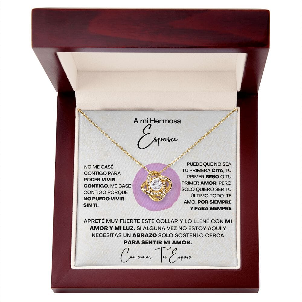 A Mi Hermosa Esposa - Collar Pendiente Love Knot (Nudo de Amor) Jewelry/LoveKnot Acabado en Oro Amarillo de 18 quilates. Caja de Lujo Madera con Luz Led 