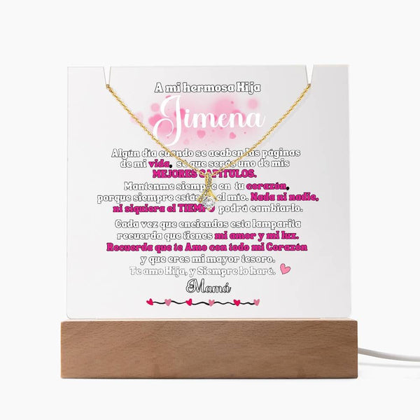 A mi Hermosa Hija - Acrílico con Luces y Collar Lazo de Amor Personalizado. El Mejor regalo para esta Navidad Acrylic/Square LED Cable USB / Base Madera 18K Yellow Gold Finish 