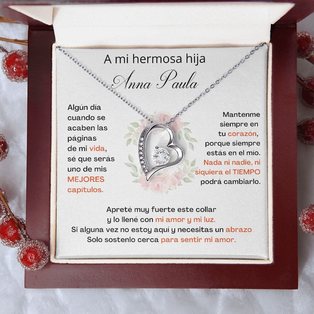 A Mi Hermosa Hija Personalizado- SÉ QUE SERÁS UNO DE MIS MEJORES CAPÍTULOS - Collar Forever Love -Amor por siempre Jewelry/ForeverLove Acabado en oro blanco de 14 k Cajita de Lujo Madera con Luz Led 