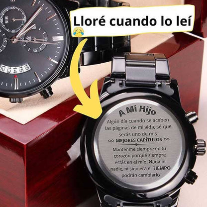 A mi hijo Amado - Los mejores capítulos de mi vida - Reloj cronógrafo Negro Jewelry/Watch Cajita de Lujo Caoba con Luz Led 
