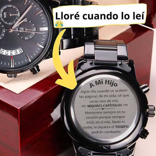 A mi hijo Amado - Los mejores capítulos de mi vida - Reloj cronógrafo Negro Jewelry/Watch Cajita de Lujo Caoba con Luz Led 