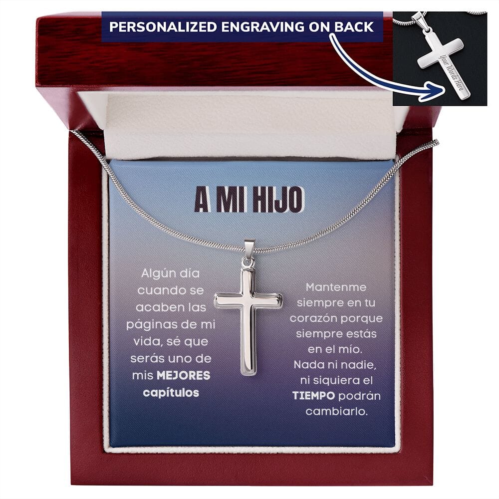 A mi hijo - Los mejores capítulos de mi vida - Collar con Cruz Personalizada Jewelry/EngravedCross Mahogany Style Luxury Box 