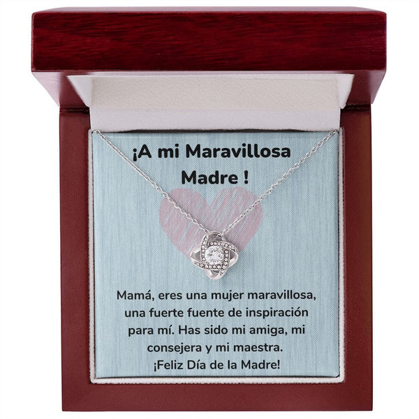 ¡A mi Maravillosa Madre ! Collar Para Mamá Nudo de Amor (LoveKnot) Jewelry/LoveKnot Acabado en oro blanco de 14 k Caja de Lujo Madera Con Luz led 
