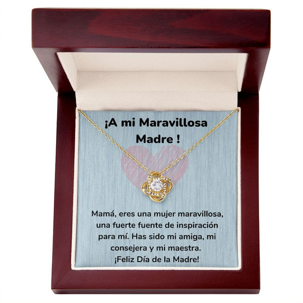 ¡A mi Maravillosa Madre ! Collar Para Mamá Nudo de Amor (LoveKnot) Jewelry/LoveKnot Acabado en Oro Amarillo de 18 quilates Caja de Lujo Madera Con Luz led 