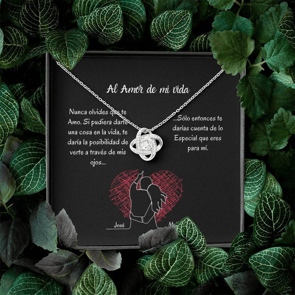 AL AMOR DE MI VIDA (Tarjeta PERSONALIZADA) - collar Love Knot (Nudo de Amor) Oro blanco de 14k Jewelry/LoveKnot 