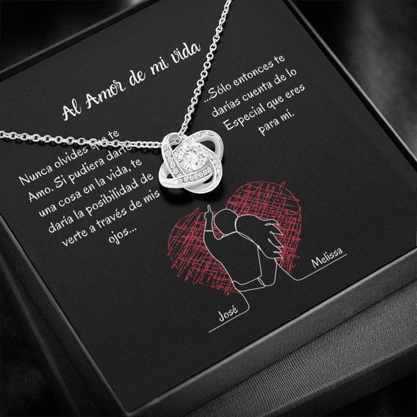 AL AMOR DE MI VIDA (Tarjeta PERSONALIZADA) - collar Love Knot (Nudo de Amor) Oro blanco de 14k Jewelry/LoveKnot Cajita Estandard (Incluida) 