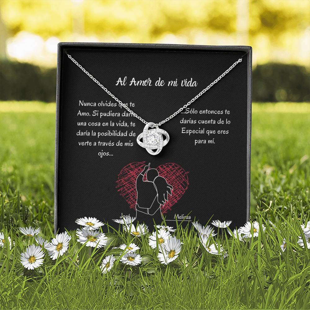 AL AMOR DE MI VIDA (Tarjeta PERSONALIZADA) - collar Love Knot (Nudo de Amor) Oro blanco de 14k Jewelry/LoveKnot 