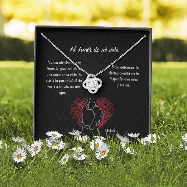 AL AMOR DE MI VIDA (Tarjeta PERSONALIZADA) - collar Love Knot (Nudo de Amor) Oro blanco de 14k Jewelry/LoveKnot 