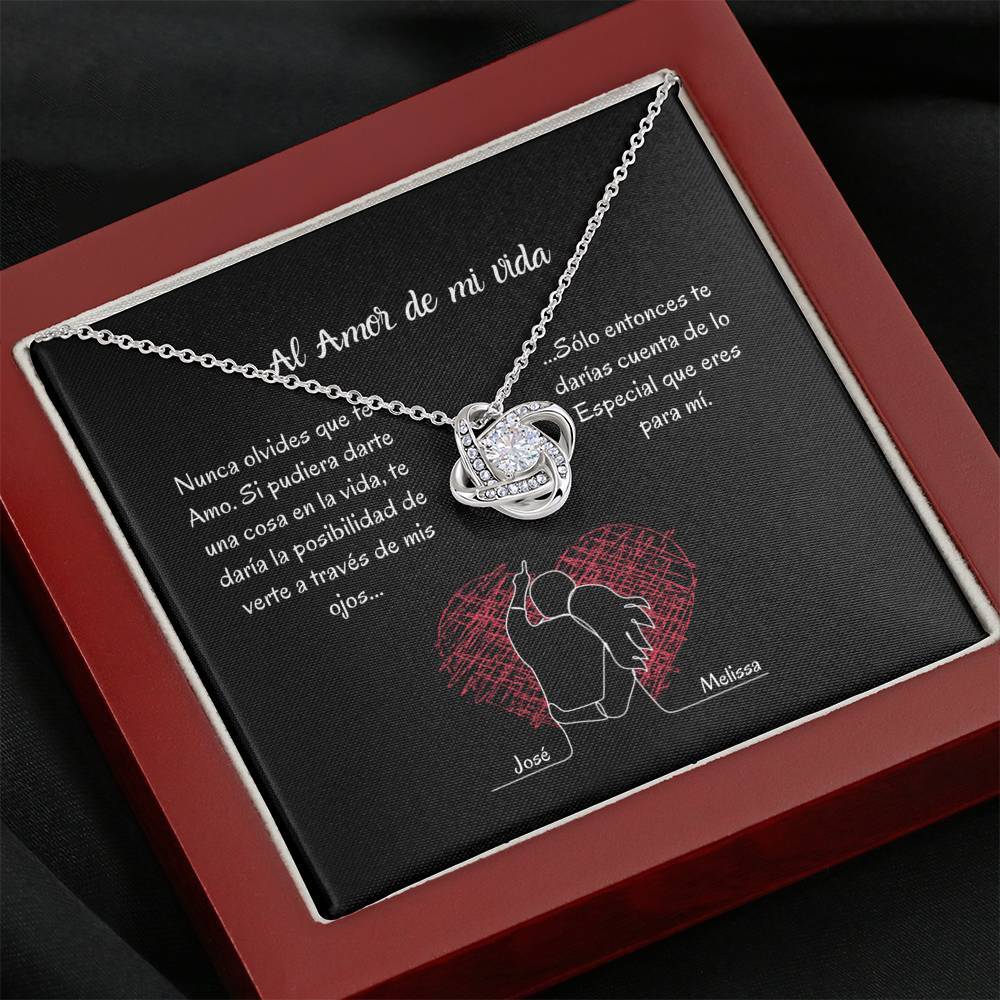 AL AMOR DE MI VIDA (Tarjeta PERSONALIZADA) - collar Love Knot (Nudo de Amor) Oro blanco de 14k Jewelry/LoveKnot 