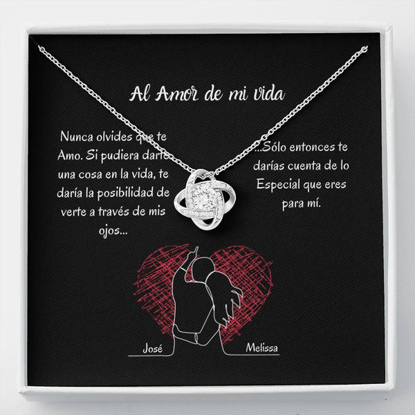 AL AMOR DE MI VIDA (Tarjeta PERSONALIZADA) - collar Love Knot (Nudo de Amor) Oro blanco de 14k Jewelry/LoveKnot 