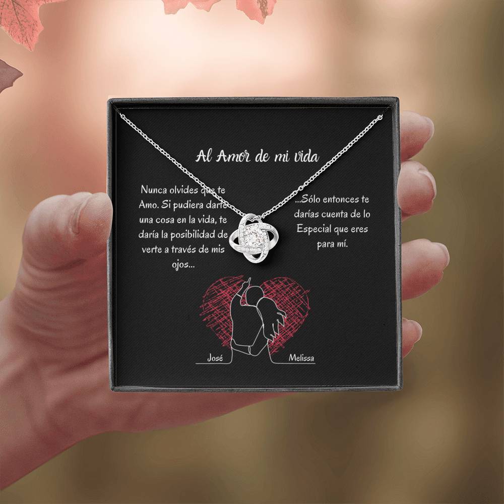 AL AMOR DE MI VIDA (Tarjeta PERSONALIZADA) - collar Love Knot (Nudo de Amor) Oro blanco de 14k Jewelry ShineOn Fulfillment 