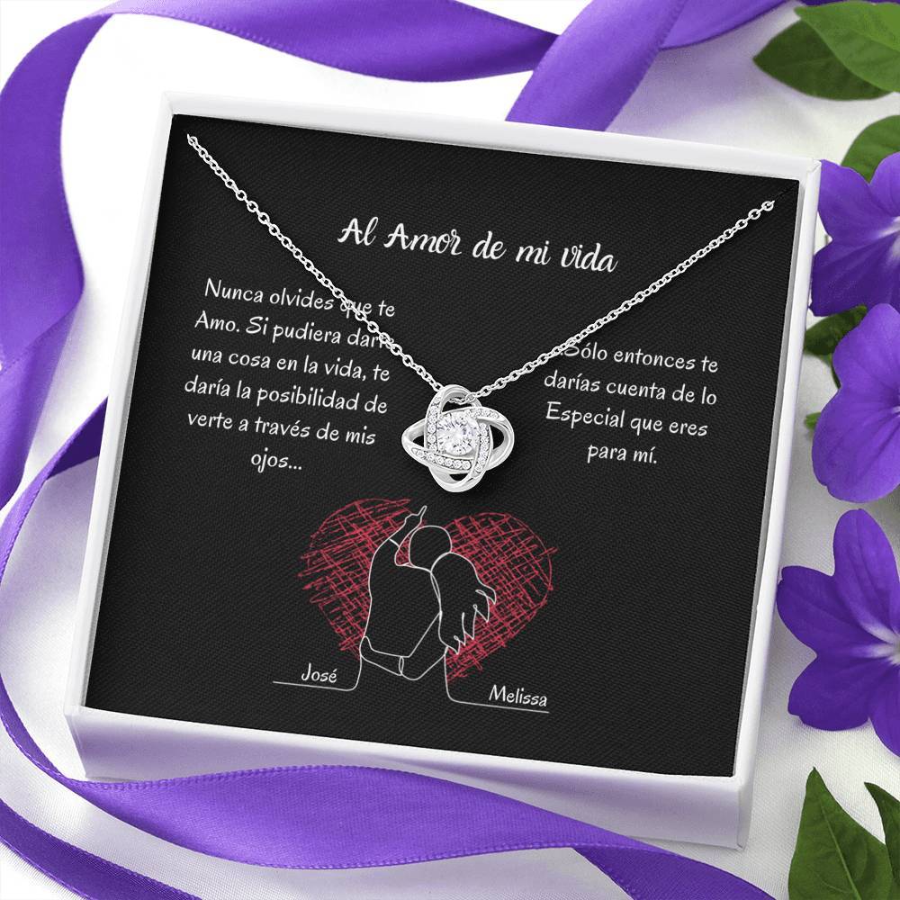AL AMOR DE MI VIDA (Tarjeta PERSONALIZADA) - collar Love Knot (Nudo de Amor) Oro blanco de 14k Jewelry/LoveKnot 