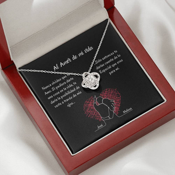 AL AMOR DE MI VIDA (Tarjeta PERSONALIZADA) - collar Love Knot (Nudo de Amor) Oro blanco de 14k Jewelry ShineOn Fulfillment Caja de Madera de lujo con luz 