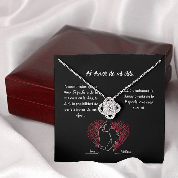 AL AMOR DE MI VIDA (Tarjeta PERSONALIZADA) - collar Love Knot (Nudo de Amor) Oro blanco de 14k Jewelry/LoveKnot 