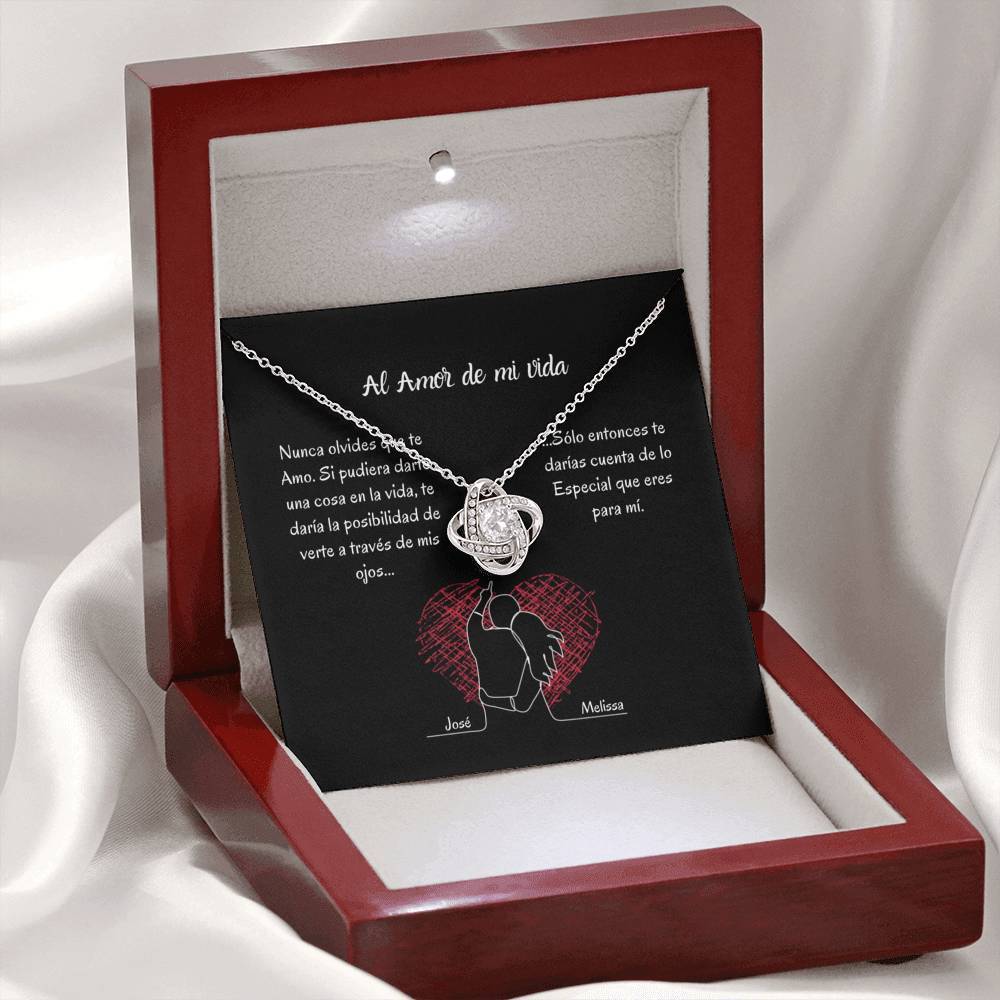 AL AMOR DE MI VIDA (Tarjeta PERSONALIZADA) - collar Love Knot (Nudo de Amor) Oro blanco de 14k Jewelry/LoveKnot 