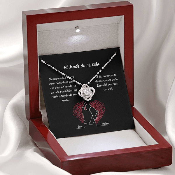 AL AMOR DE MI VIDA (Tarjeta PERSONALIZADA) - collar Love Knot (Nudo de Amor) Oro blanco de 14k Jewelry/LoveKnot 