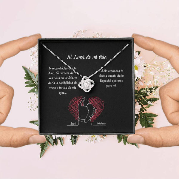 AL AMOR DE MI VIDA (Tarjeta PERSONALIZADA) - collar Love Knot (Nudo de Amor) Oro blanco de 14k Jewelry/LoveKnot 