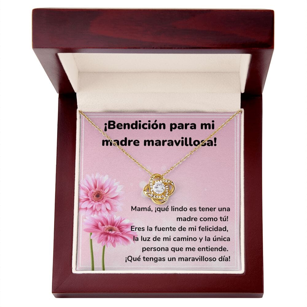 ¡Bendición para mi madre maravillosa! Collar Para Mamá Nudo de Amor (LoveKnot) Jewelry/LoveKnot Acabado en Oro Amarillo de 18 quilates Caja de Lujo Madera Con Luz led 