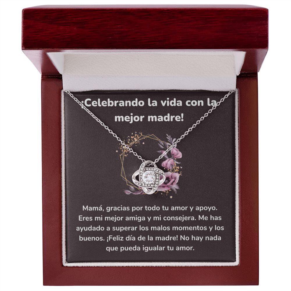 ¡Celebrando la vida con la mejor madre! Collar Para Mamá Nudo de Amor (LoveKnot) Jewelry/LoveKnot Acabado en oro blanco de 14 k Caja de Lujo Madera Con Luz led 