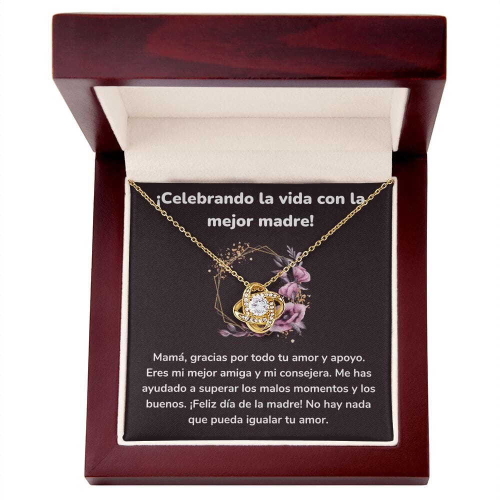¡Celebrando la vida con la mejor madre! Collar Para Mamá Nudo de Amor (LoveKnot) Jewelry/LoveKnot Acabado en Oro Amarillo de 18 quilates Caja de Lujo Madera Con Luz led 