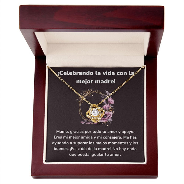 ¡Celebrando la vida con la mejor madre! Collar Para Mamá Nudo de Amor (LoveKnot) Jewelry/LoveKnot Acabado en Oro Amarillo de 18 quilates Caja de Lujo Madera Con Luz led 