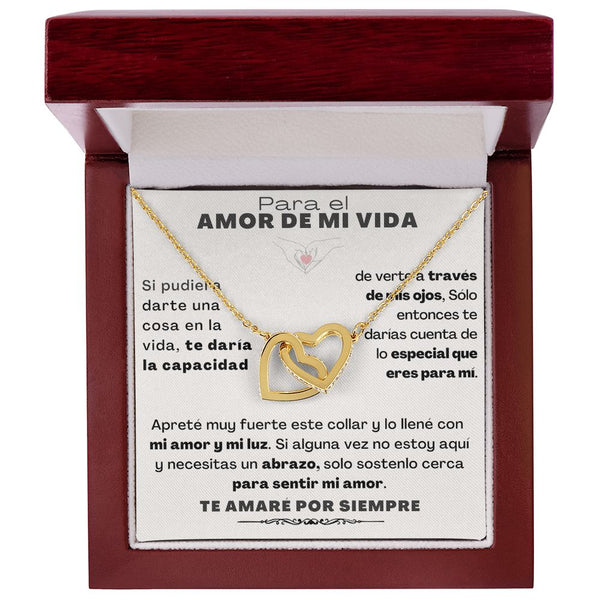 ✨ COLLAR "AL AMOR DE MI VIDA" - CORAZONES ENTRELAZADOS ✨ Jewelry Acabado en Oro Amarillo de 18 quilates Cajita de Lujo Madera con Luz Led 