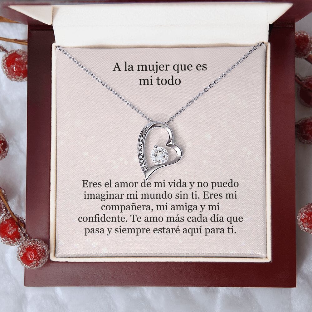 Collar Amor por siempre - For ever love- A la mujer que es mi todo Jewelry Acabado en oro blanco de 14 k Caja de Lujo (Madera con Luz Led) 