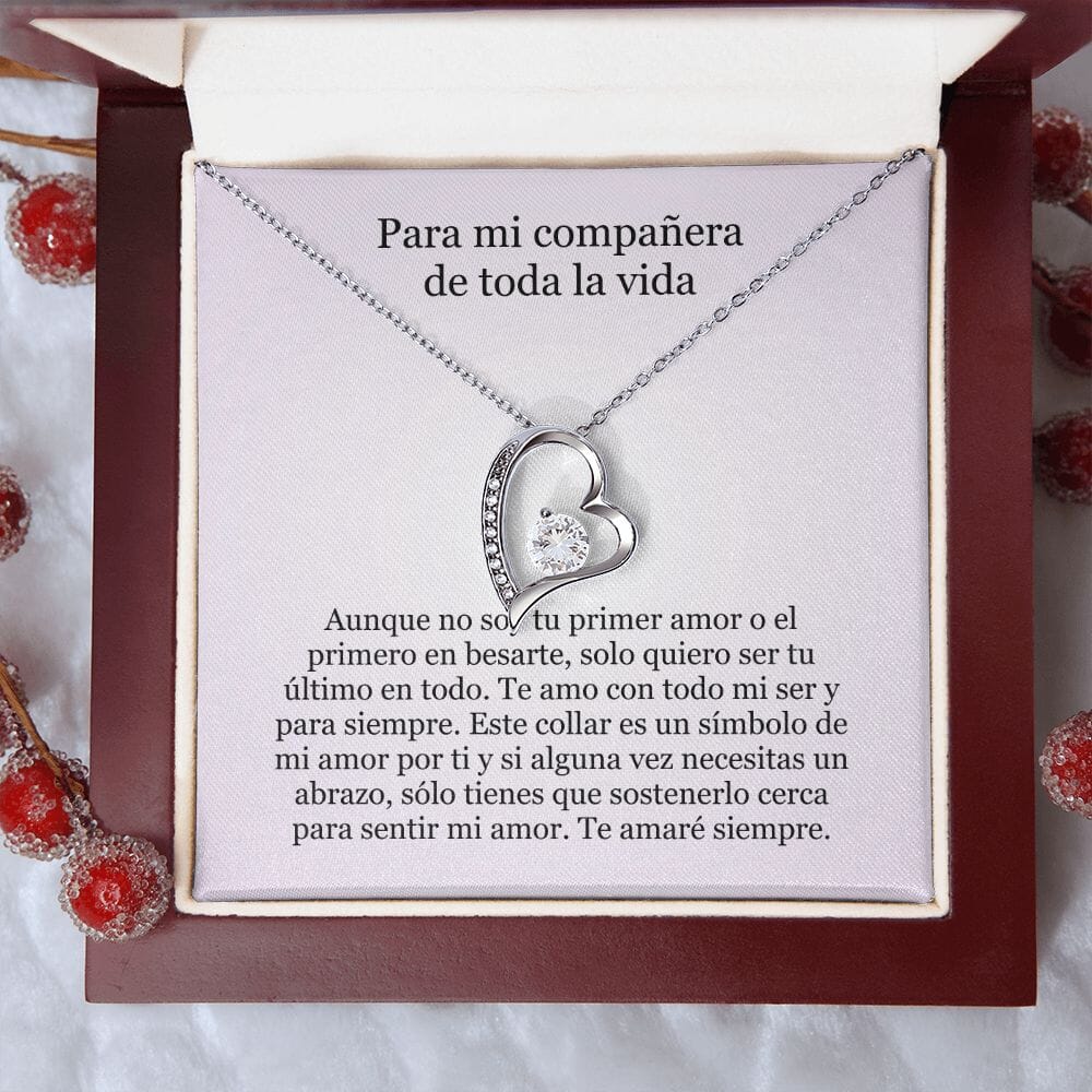 Collar Amor por siempre - For ever love- Para la compañera de toda mi vida Jewelry Acabado en oro blanco de 14 k Caja de Lujo (Madera con Luz Led) 