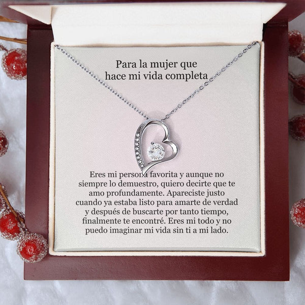 Collar Amor por siempre - For ever love- Para la mujer que hace mi vida completa Jewelry Acabado en oro blanco de 14 k Caja de Lujo (Madera con Luz Led) 