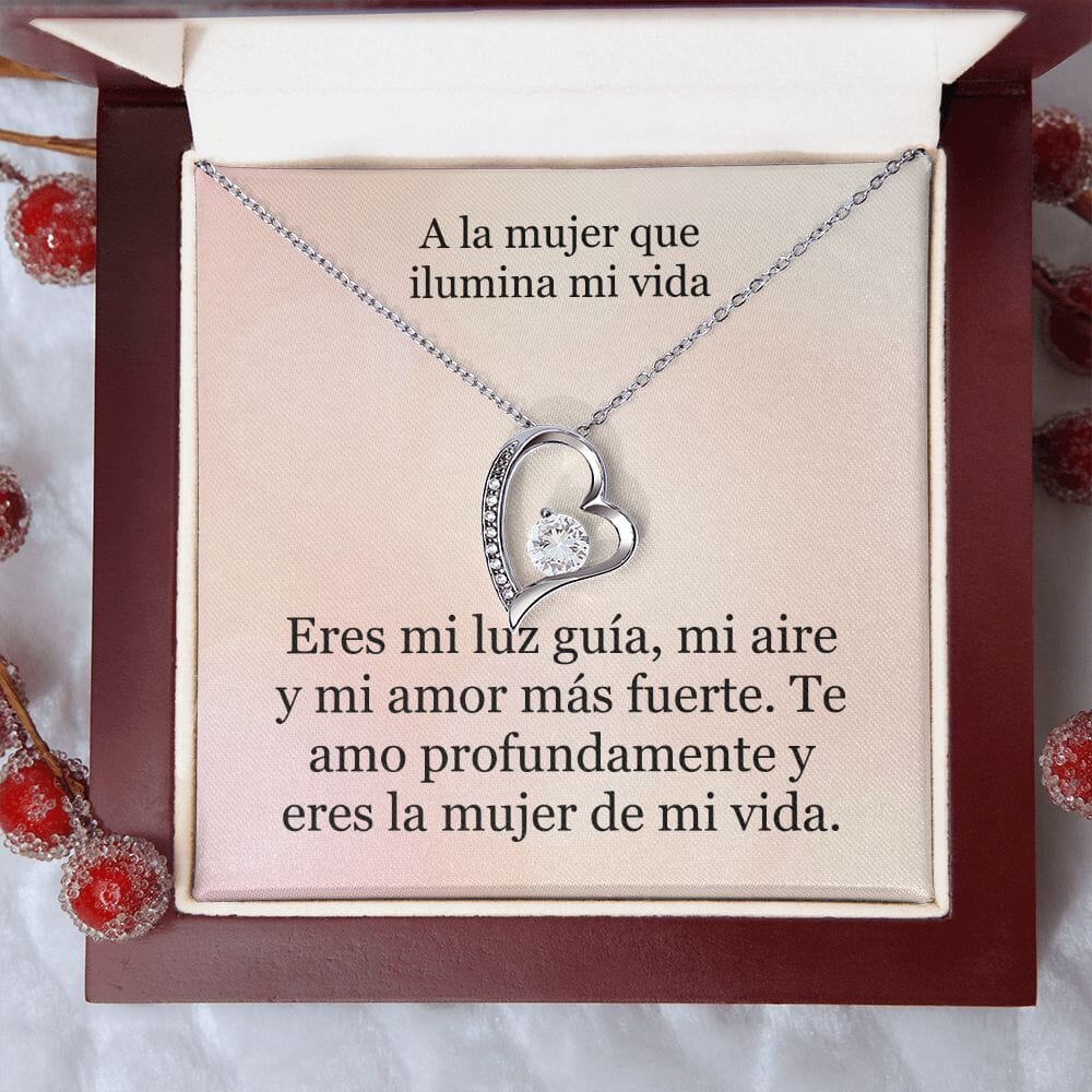 Collar Amor por siempre - For ever love- Para la mujer que ilumina mi vida Jewelry Acabado en oro blanco de 14 k Caja de Lujo (Madera con Luz Led) 