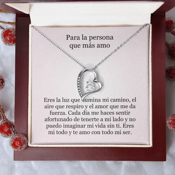 Collar Amor por siempre - For ever love- Para la persona que más amo Jewelry Acabado en oro blanco de 14 k Caja de Lujo (Madera con Luz Led) 