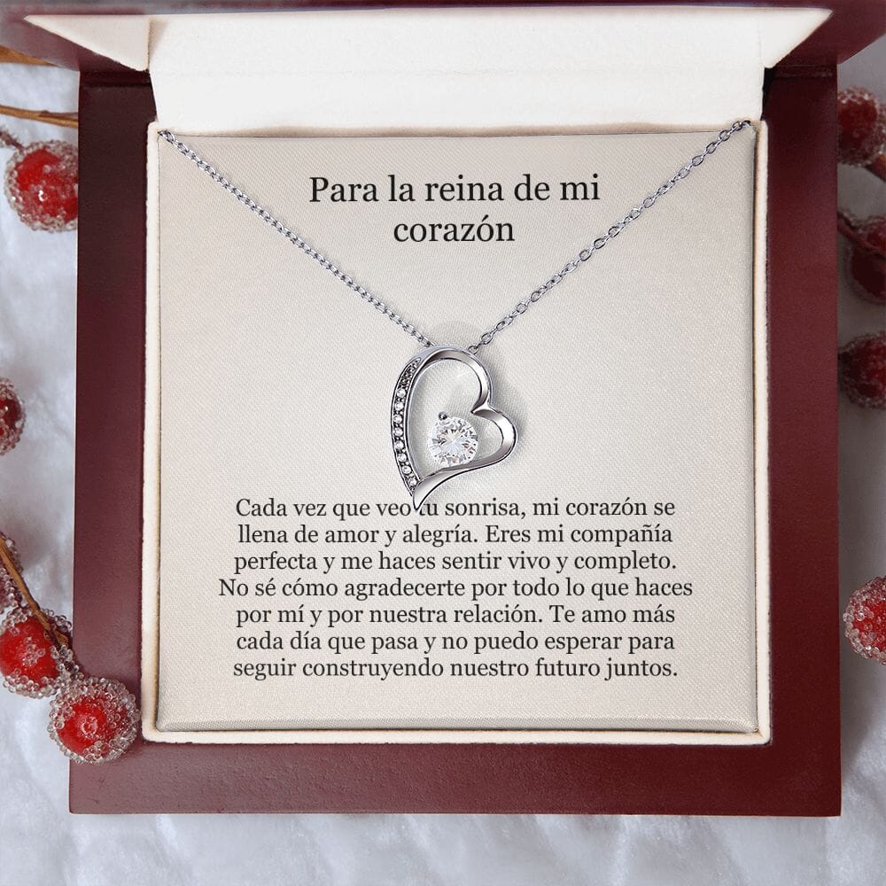 Collar Amor por siempre - For ever love- Para la Reina de mi Corazón Jewelry Acabado en oro blanco de 14 k Caja de Lujo (Madera con Luz Led) 
