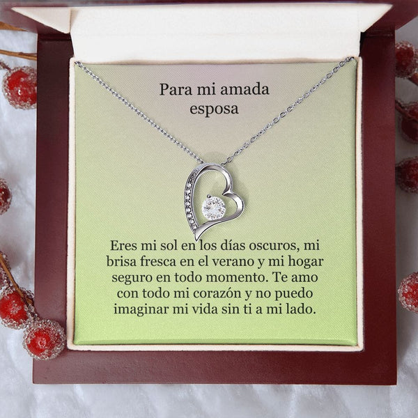 Collar Amor por siempre - For ever love- Para mi Amada Esposa Jewelry Acabado en oro blanco de 14 k Caja de Lujo (Madera con Luz Led) 