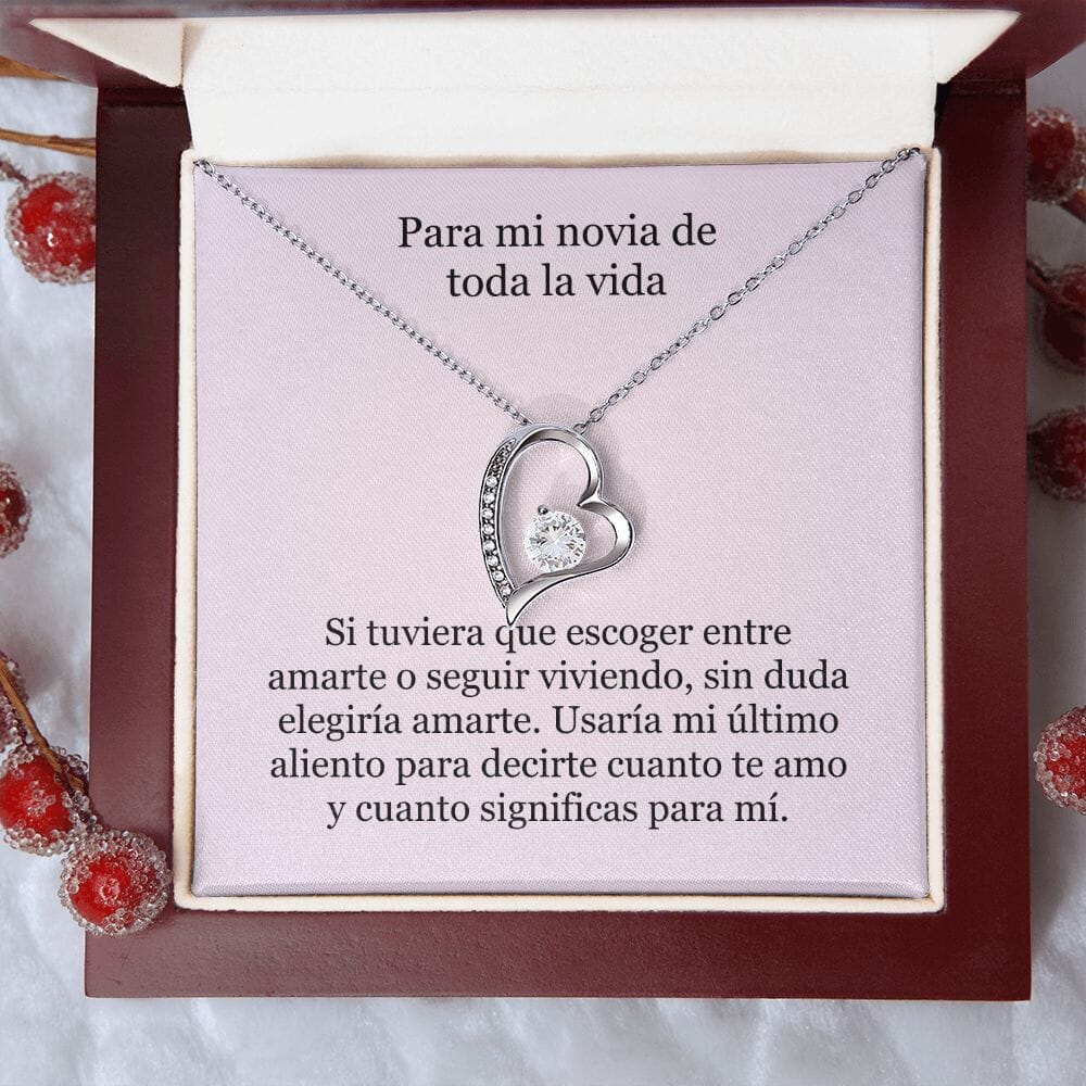 Collar Amor por siempre - For ever love- Para mi novia de toda la vida Jewelry Acabado en oro blanco de 14 k Caja de Lujo (Madera con Luz Led) 