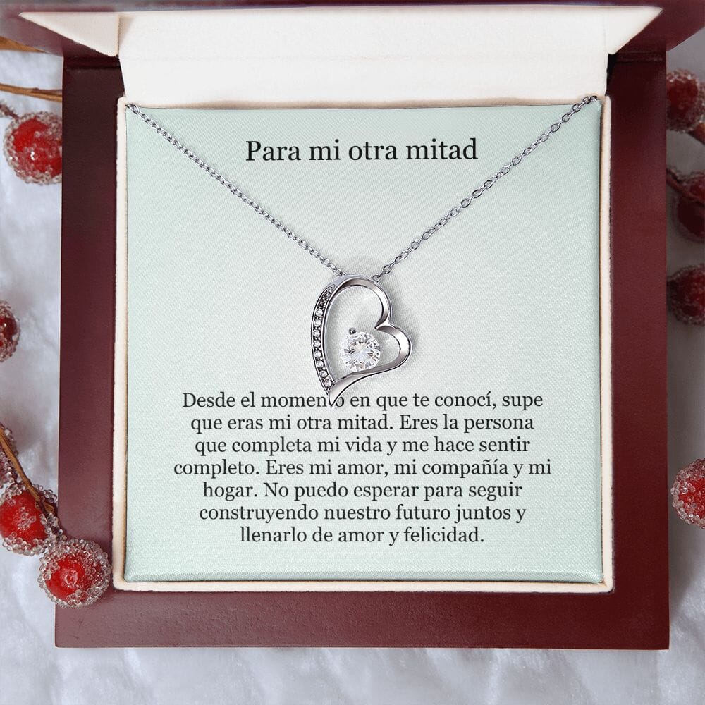 Collar Amor por siempre - For ever love- Para mi otra mitad Jewelry Acabado en oro blanco de 14 k Caja de Lujo (Madera con Luz Led) 