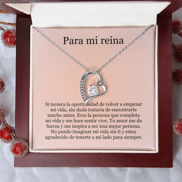 Collar Amor por siempre - For ever love- Para mi Reina Jewelry Acabado en oro blanco de 14 k Caja de Lujo (Madera con Luz Led) 