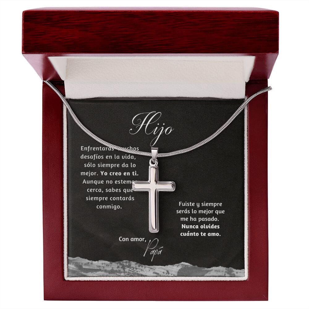Collar con Cruz para regalar al Hijo o Hija o a Un ser querido en Momentos Difíciles o de cambios. Tarjeta Personalizada Jewelry/EngravedCross Cajita de Lujo Mahogany con Luz Led 