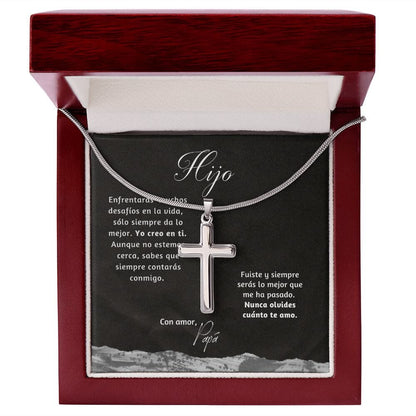 Collar con Cruz para regalar al Hijo o Hija o a Un ser querido en Momentos Difíciles o de cambios. Tarjeta Personalizada Jewelry/EngravedCross Cajita de Lujo Mahogany con Luz Led 