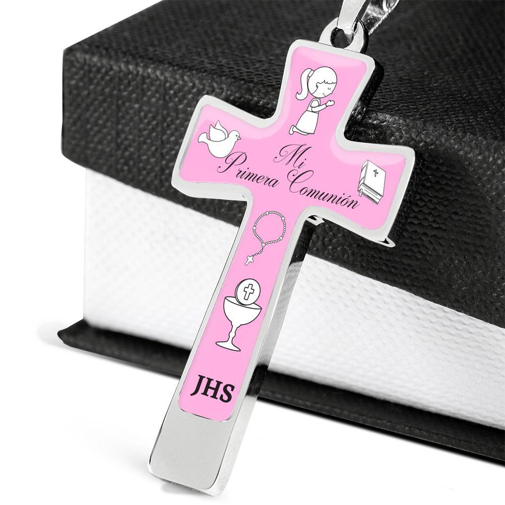 Collar con Cruz para regalar en la Primera Comunión - Fondo Rosa - El mejor regalo para tu hija. Puedes Grabar el nombre atrás. Jewelry ShineOn Fulfillment 