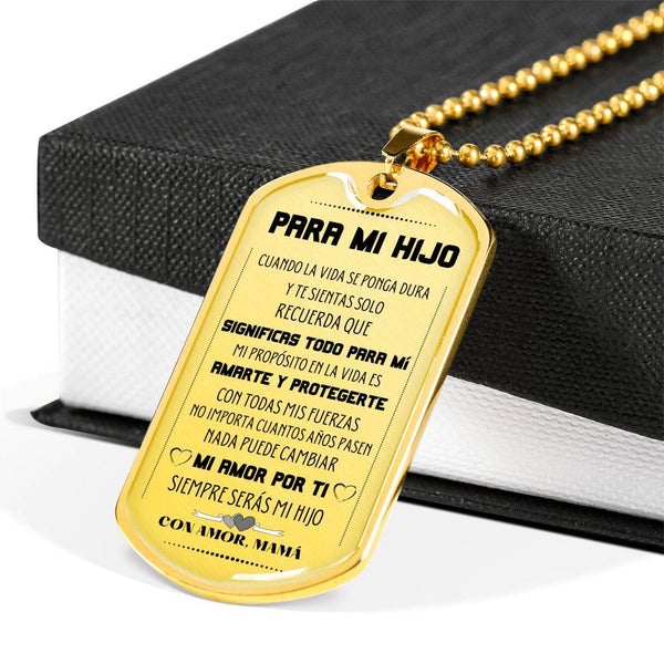 Collar con mensaje especial para Hijo, con Amor Mamá - Collar Militar Jewelry ShineOn Fulfillment Military Chain (Gold) No 