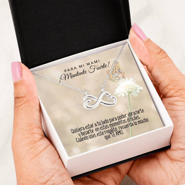 Collar con tarjeta con mensaje para Mamá: Mantente Fuerte! Cadena corazón infinito. Regalo para mamá. Jewelry 14k White Gold Finish 