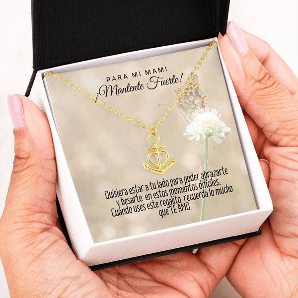 Collar con tarjeta con mensaje para mi Mami: Mantente Fuerte! Collar forma Ancla & Corazón. Jewelry ShineOn Fulfillment 18k Yellow Gold Finish Friendship Anchor 