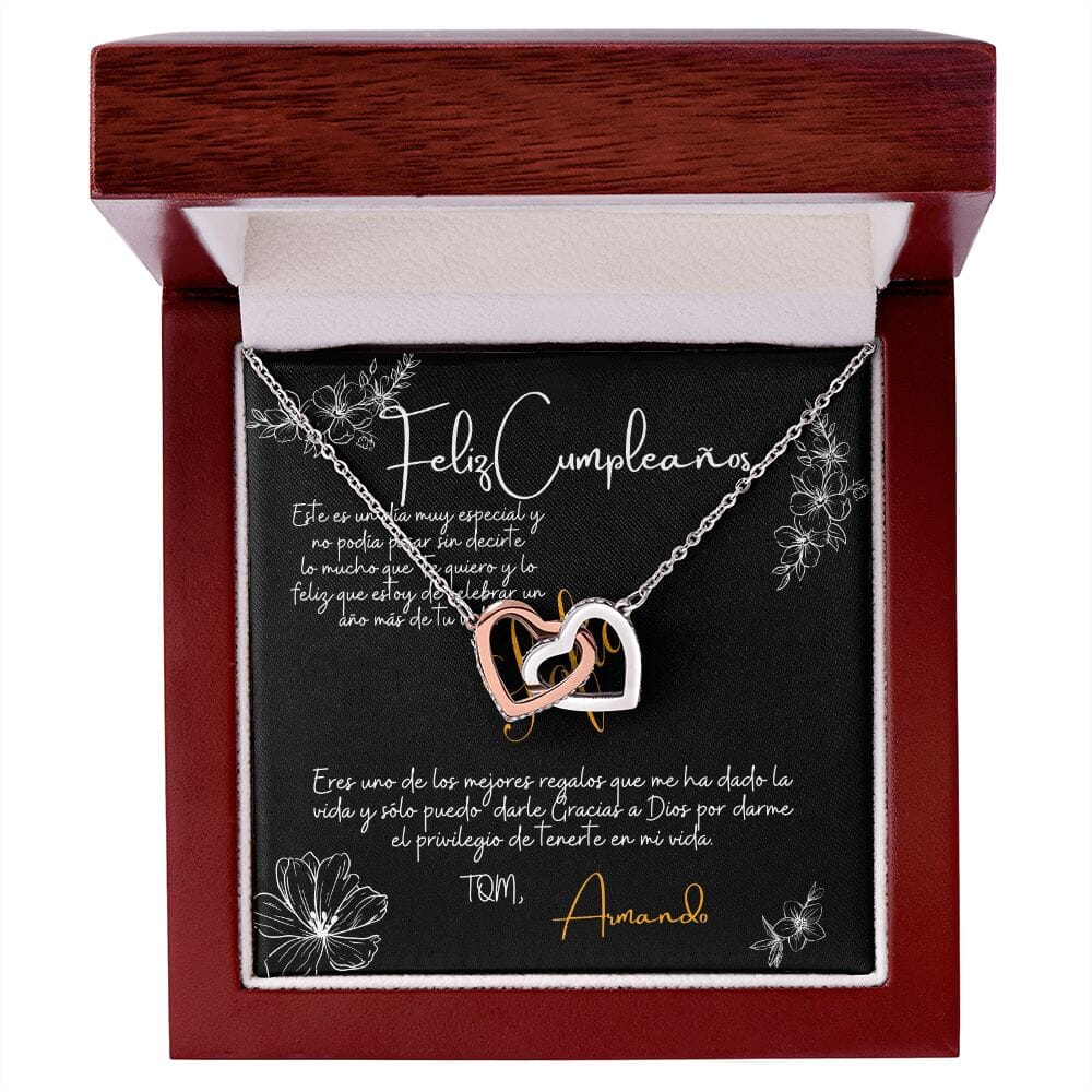 Collar con tarjeta personalizada para Cumpleañera - corazones entrelazados - Cumpleaños Jewelry/InterlockingHearts Cajita de Lujo con Luz (Mahogany Style Luxury) 
