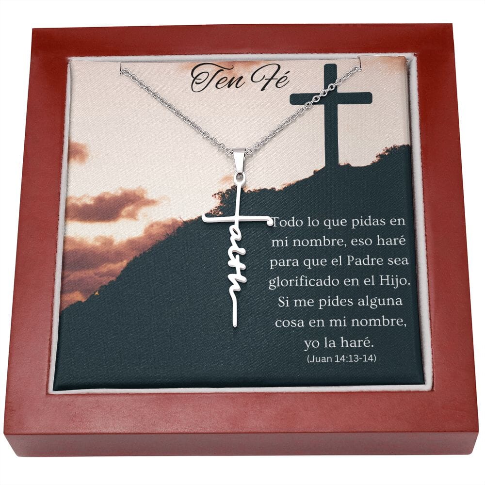 1 Collar cruz Faith (Fé) Juan 14:13-14 Jewelry ShineOn Fulfillment Caja de Lujo Madera con Luz LED 