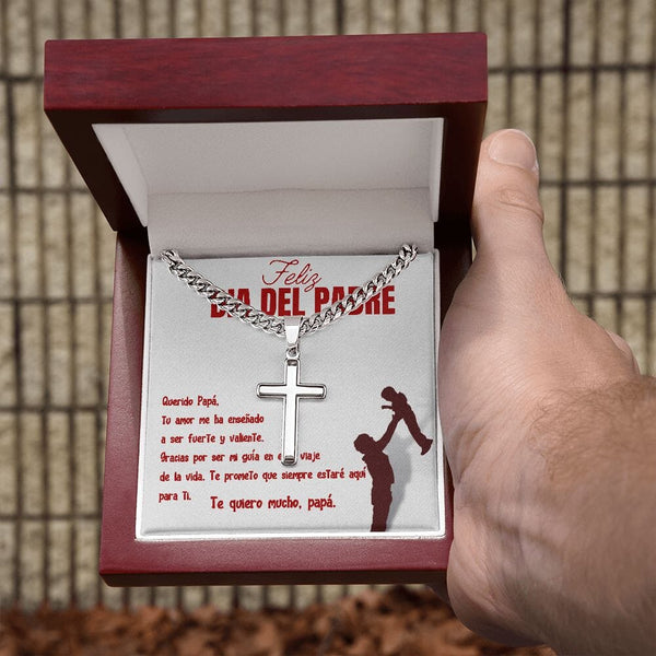 Collar de Cadena Cubana con Cruz de Artesano: Un símbolo de fe y amor para el padre excepcional en tu vida. Jewelry Caja de Lujo c/LED 