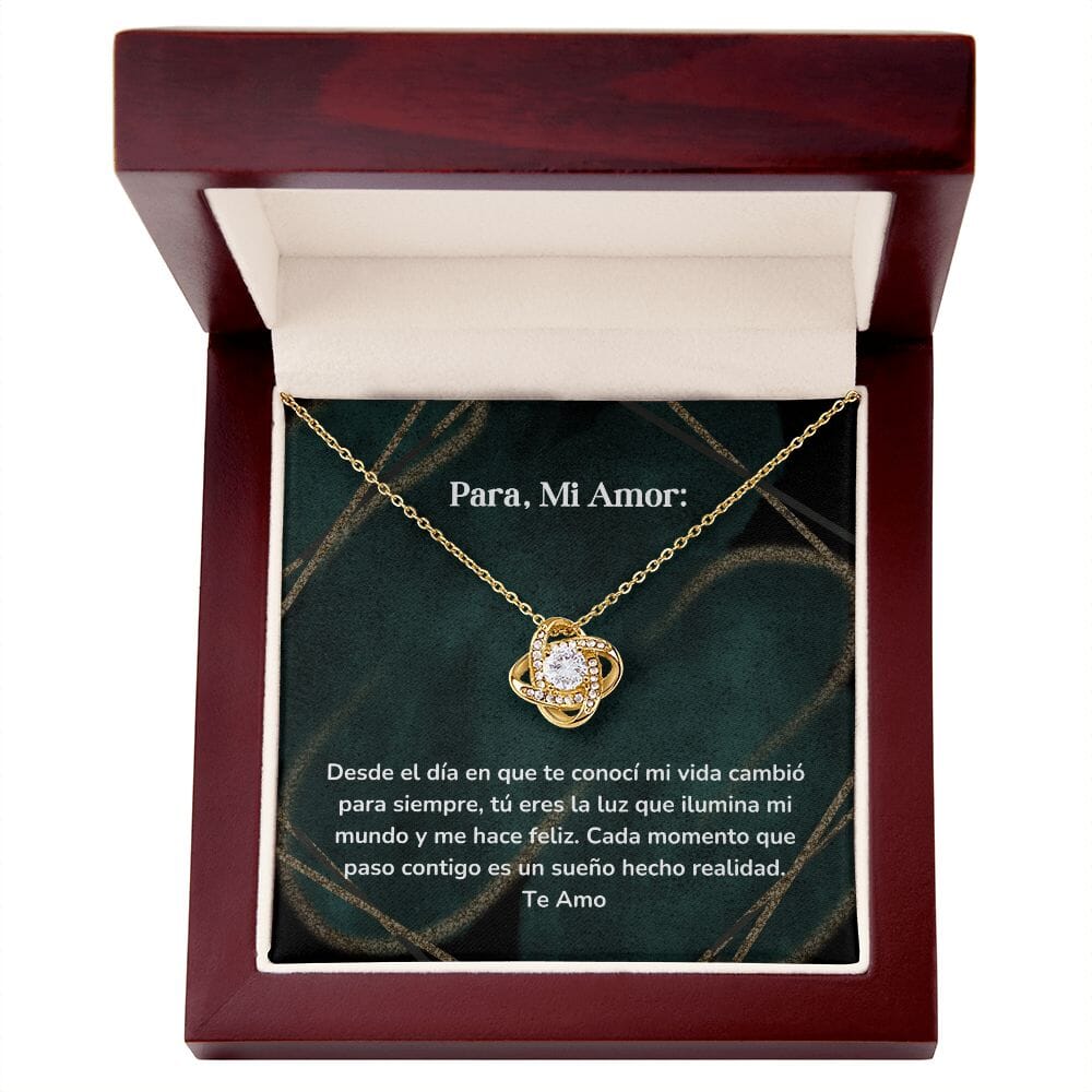 Collar Nudo de Amor - Desde el día en que te conocí mi vida cambió para siempre Jewelry/LoveKnot Acabado en Oro Amarillo de 18 quilates. Cajita de Lujo Madera con Luz Led 
